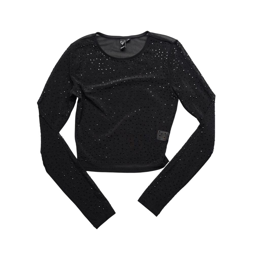 Windsor Rhinestone Mesh Crop Top Womens XS Black Long Sleeve Sheer Sparkle